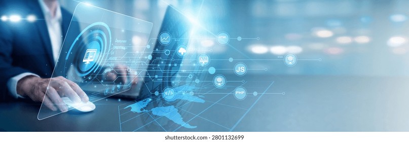 Web developer using laptop coding Web Development on a virtual screen with site graphs. A world map shows hosting nodes. Creating responsive interfaces and modern internet applications.