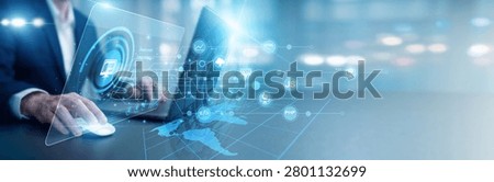 Web developer using laptop coding Web Development on a virtual screen with site graphs. A world map shows hosting nodes. Creating responsive interfaces and modern internet applications.