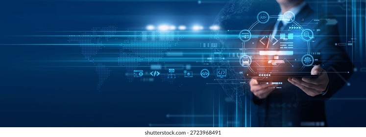 Web developer using tablet analyzing web development frameworks and responsive design flow. Web development performance, UI optimization, coding structure and deployment progress.