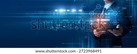 Web developer using tablet analyzing web development frameworks and responsive design flow. Web development performance, UI optimization, coding structure and deployment progress.