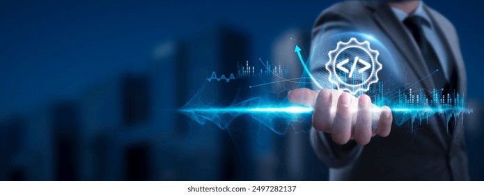 WEB DEVELOPMENT: Businessman Holding Web Development Icon and Global Network with Analyzing Technological Data, Coding, Network Connection on Interface Background, Programming, Digital Innovation.