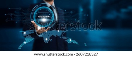 Web Development: Businessman Holding the Web Network Connecting Icon Linking Business and Clients with Integrated Systems and Global Network