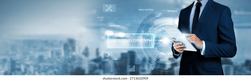 Web Development, businessman using tablet analyzing website traffic data and business network performance, responsive design frameworks, user experience optimization, front-end development techniques