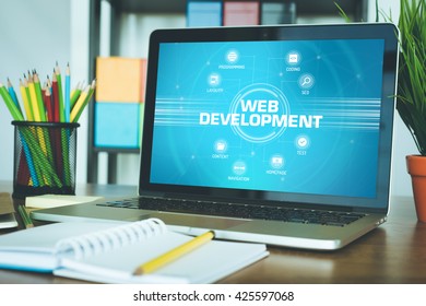 WEB DEVELOPMENT chart with keywords and icons on screen