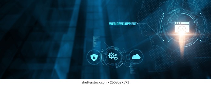 Web Development Concept: Businessman analyzing website performance on virtual interface. Front-end design, back-end development, responsive layout, SEO optimization, database management.