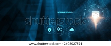 Web Development Concept: Businessman analyzing website performance on virtual interface. Front-end design, back-end development, responsive layout, SEO optimization, database management.