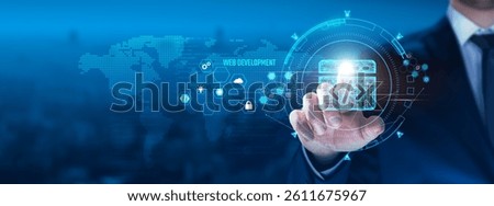 Web Development concept: Businessman touching code icon on virtual interface, user experience, responsive design, backend architecture, frontend development.