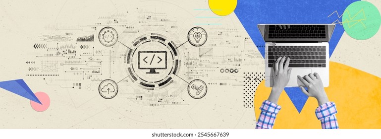 Web development concept with person using a laptop computer - Photo collage design