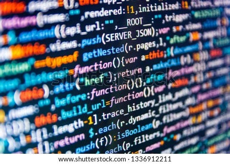 Web development concept. Software development creating projects.  Creative Js HTML5 closeup set on background. Python binary code. Php language and coding function developer. 