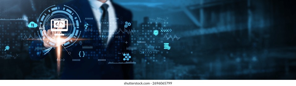 Web Development: Front-end design, back-end coding, user experience, website optimization, responsive design, server configuration, Businessman analyzes web development technological data.