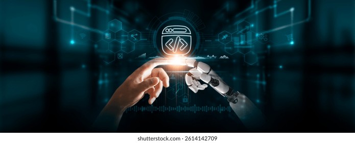 Web Development: Hands of Robot and Human Touch the Web Development of Global Networking, Collaboration, Integration of Cutting-Edge Digital Technologies of the Future.