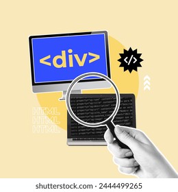 Web development, programming, code testing, user interface, laptop, sample code, html, analysis, hand with magnifying glass, div, programmer, css, java, Code, Computer Language, Computer Programmer - Powered by Shutterstock