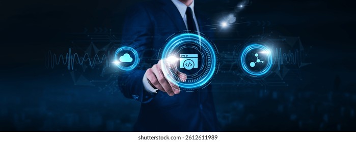 Web development technology, front-end frameworks, back-end servers, businessman touch of Web development icon Data exchange on digital network connection, content management systems. - Powered by Shutterstock - Get 15% off with code: PIKWIZARD15