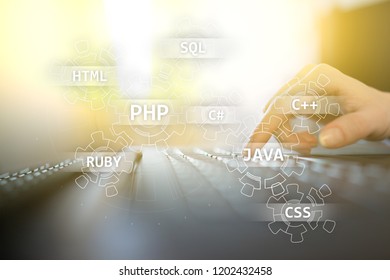 Web development tools concept on virtual screen. Programming language and scripts. PHP, SQL, HTML, Java and others.