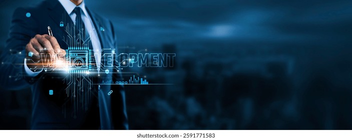 Web Development, User Experience, Accessibility, Businessman Touch of Icons Facilitating Data Exchange on Business Network Connection, Business and Digital Technology.