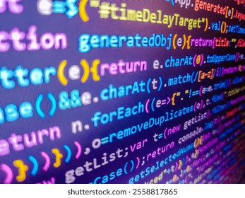 Web dewelopment. Computer code background. Virtual creative financial illustration on blue background, research and analytics concept. Software developer programming code. Software source code.