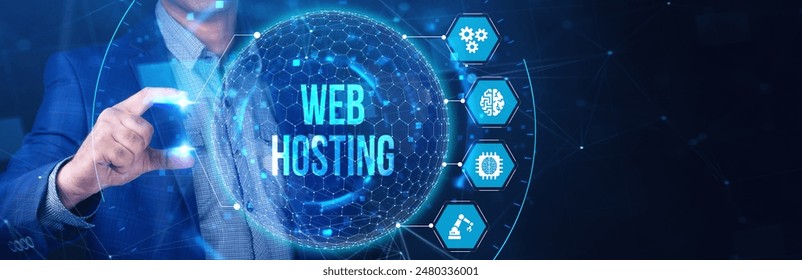 Web Hosting. The activity of providing storage space and access for websites. Business, modern technology, internet and networking concept.