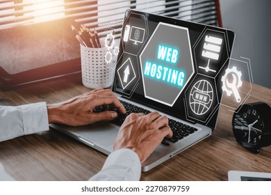 Web hosting concept, Man using computer and presses his finger on the virtual screen inscription Hosting on desk, Internet, business, Technology and network concept.