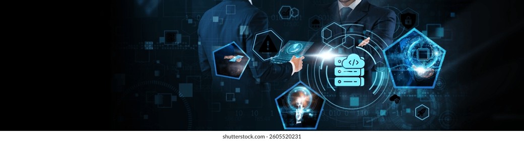 Web Hosting Concept: Server management, cloud storage, data security, uptime monitoring, domain services, content delivery, and scalability on global business network.
