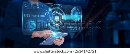 Web Hosting: Server performance, businessman analyzing and monitoring technological web hosting, uptime, data security, scalability, bandwidth, backup solutions.