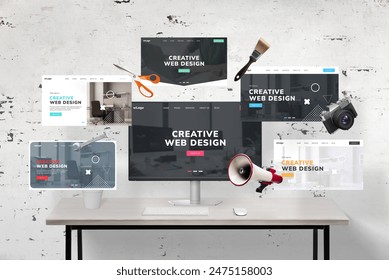 Web pages flying around a web designer's desk and computer display featuring an agency web page presentation. Includes web designer tools: megaphone, wrench key, photo camera, scissors, and brush - Powered by Shutterstock