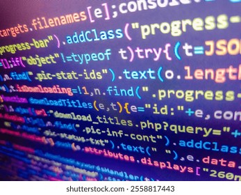 Web programming with compressed css code. Modern web development background. Stock market graph and ticker with blue screen for stock exchange analysis. Technology php coding background.