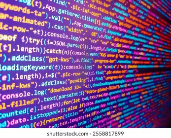 Web programming with compressed css code. Can be used for background. Programming code text on computer screen. Virtual realtiy. Digital world. Monitor with stock data, closeup. Binary code.