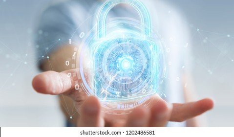 Web security protection interface used by businessman on blurred background 3D rendering
