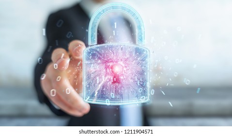 Web security protection interface used by businessman on blurred background 3D rendering
