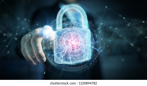 Web security protection interface used by businessman on blurred background 3D rendering