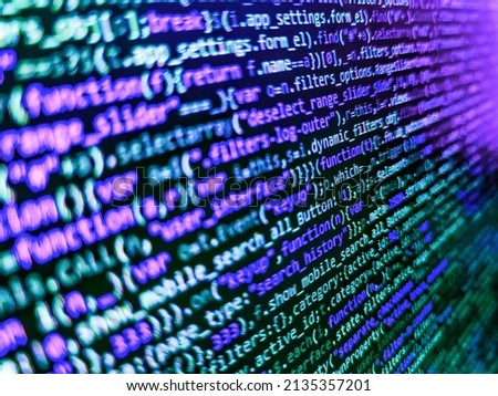 Web site codes on computer monitor. HTML and CSS code developing screenshot. Hi-tech modern screen of data, digits and chars on monitor. HTML code on lcd screen. Script procedure creating