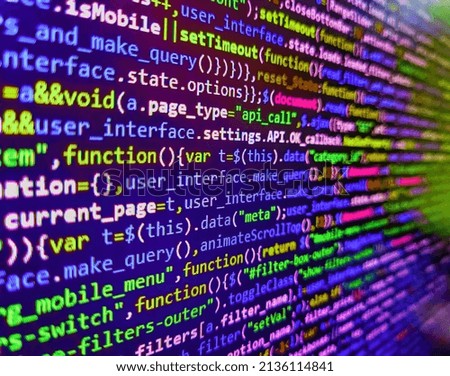 Web site codes on computer monitor. Hi-tech modern screen of data, digits and chars on monitor display. WWW software development. Software developer programming code on black screen