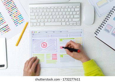 Web site developer creates a sketch of the interface on the desktop. The designer draws the project application.