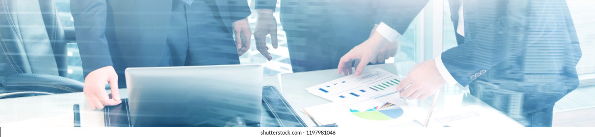 Web site header. Double exposure business people. 