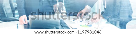 Web site header. Double exposure business people. 