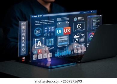 Web UI-UX design, web development concept. A web developer works on a website, surrounded by holographic displays of code, icons, and data visualizations. Web design, application design, coding.