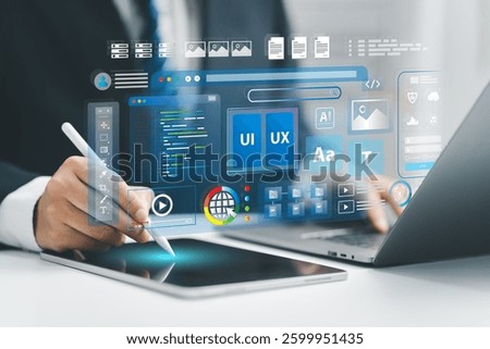 Web UI-UX design, web development concept. A web developer works on a website, surrounded by holographic displays of code, icons, and data visualizations. Web design, application design, coding.
