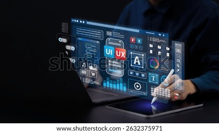 Web UI-UX design, web development concept. A web developer works on a website to develop mobile and laptop app interface. User interface and experience.  application design. User experience. coding.