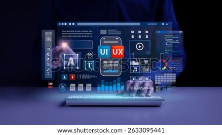 Web UI-UX design, web development concept. A web developer works on a website to develop mobile and laptop app interface. User interface and experience.  application design. User experience. coding.