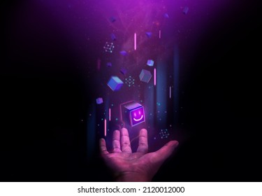 Web3, Blockchain Technology Concepts. Hand Levitating a Digital Smiling Box Icon and many Futuristic Graphic to Connecting the Universe. Space Elements from Nasa - Shutterstock ID 2120012000