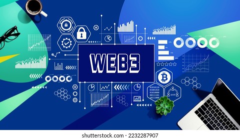 Web3 theme with a laptop computer on a blue and green pattern background - Shutterstock ID 2232287907