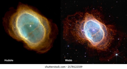 Webb and Hubble telescopes side-by-side comparisons visual gains. Southern Ring Nebula, NGC 3132. Elements of this picture furnished by NASA, ESA, CSA, STSc - Shutterstock ID 2178122339