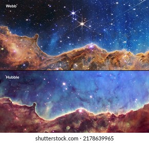 Webb and Hubble telescopes side-by-side comparisons visual gains. Carina Nebula, NGC 3324. Elements of this picture furnished by NASA, ESA, CSA, STSc - Powered by Shutterstock