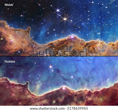 Webb and Hubble telescopes side-by-side comparisons visual gains. Carina Nebula, NGC 3324. Elements of this picture furnished by NASA, ESA, CSA, STSc