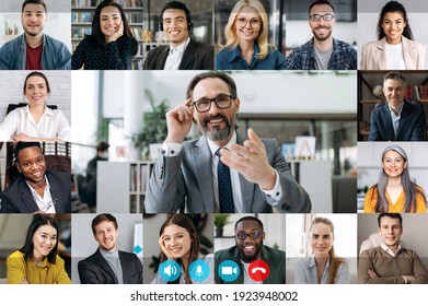 Webcam computer screen view at multiracial diverse business people group, involved in video conference, online meeting, using video call app, virtual online briefing concept - Shutterstock ID 1923948002