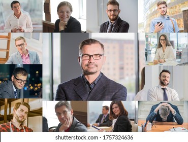Webcam laptop screen view many faces of diverse people involved in group videoconference on-line meeting lead by businessman leader, team using video call app - Shutterstock ID 1757324636