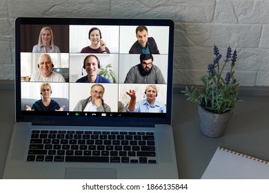 Webcam Laptop Screen View Many Faces Of Diverse People Involved In Group Videoconference On-line Meeting Lead, Team Using Video Call App Work Solve Common Issues Concept