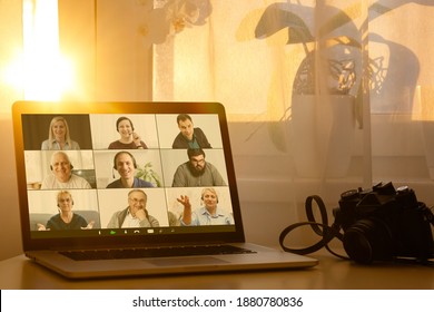 Webcam Laptop Screen View Many Faces Of Diverse People Involved In Group Videoconference On-line Meeting Lead, Team Using Video Call App Work Solve Common Issues Concept