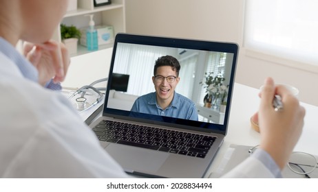 Webcam online screen of asia sick people or patient remote consult in telehealth hotline telemedicine help contact app talk and listen advice from clinic in office pain, social depress or covid exam.
