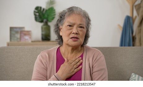 Webcam View Of An Asian Japanese Senior Female Patient Waving Hi And Telling Online Doctor About Her Head And Heart Disease While Having Virtual Consultation At Home